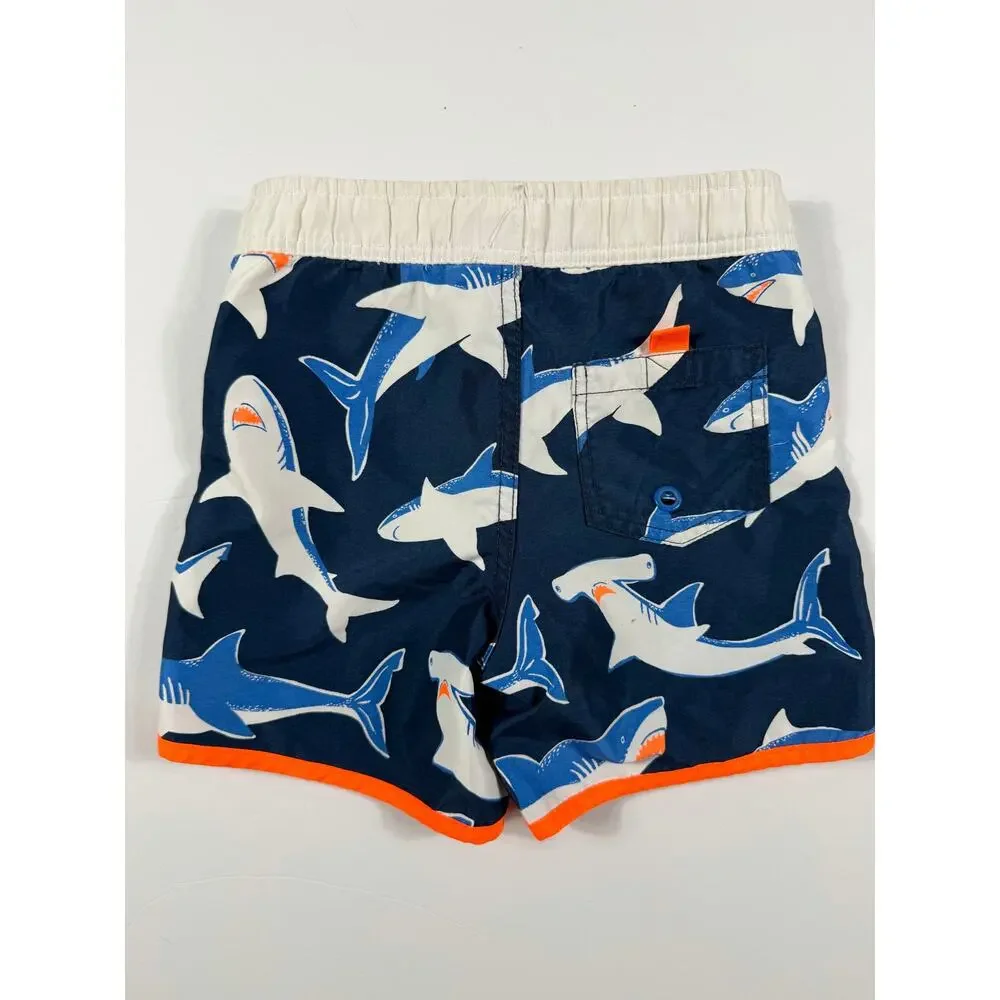 Mini Boden Shark Rash Guard Swim Trunks Set Orange Blue Size 6-7 year boys